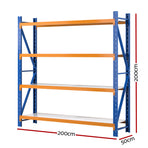 Giantz 2M x 2M 4 tier steel garage shelving rack, orange and blue, Z-bracing on the frame