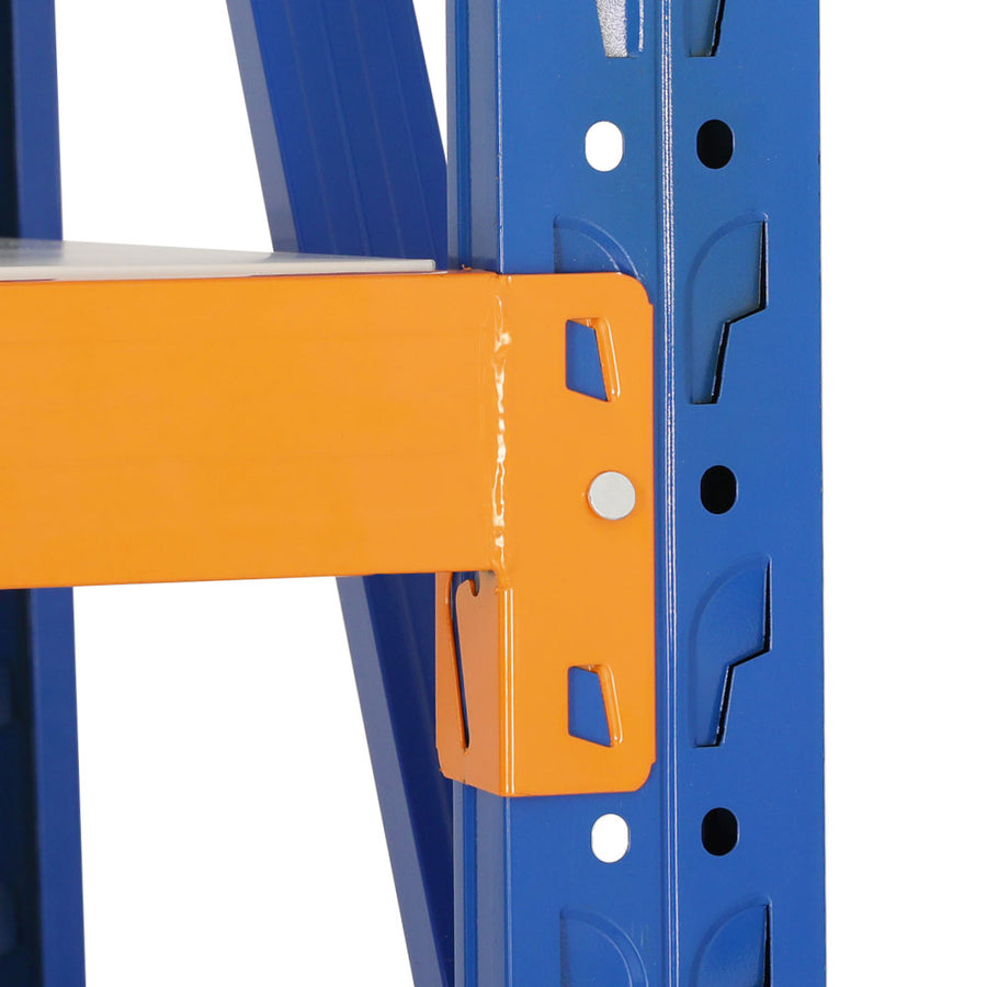 Giantz 2M x 2M 4 tier steel garage shelving rack, orange and blue, safety plugs
