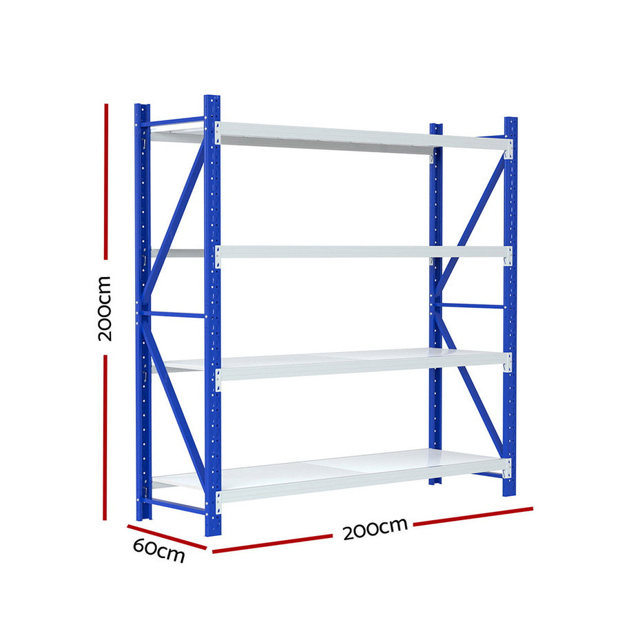 Giantz 2m x 2m steel garage shelving rack with 4 tiers, Z-bracing for stability