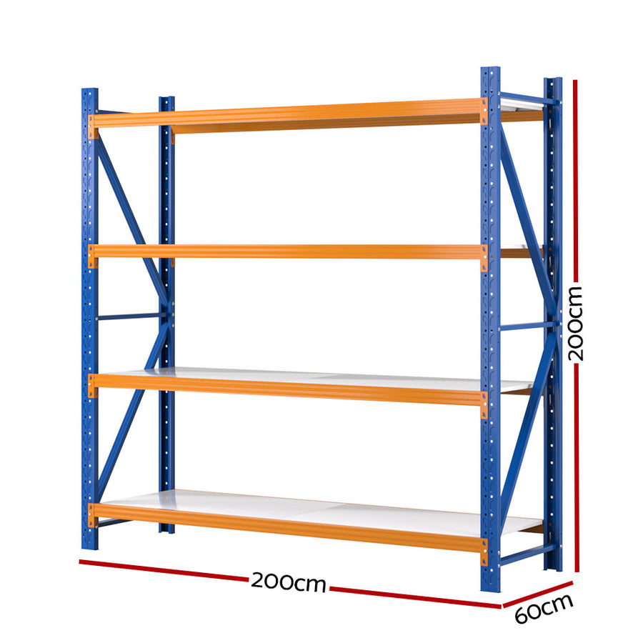 Giantz 2M x 2M 4 tier steel garage shelving rack, orange and blue, Z-bracing on the frame