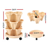 Green Fingers 3 Tier Stackable Vertical Planter Tower Strawberry Pot Wheels Beige - Front View