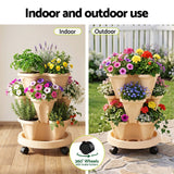 Green Fingers 3 Tier Stackable Vertical Planter Tower Strawberry Pot Wheels Beige - Rear View