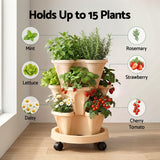 Green Fingers 3 Tier Stackable Vertical Planter Tower Strawberry Pot Wheels Beige - Close-Up Angle