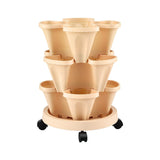 Green Fingers 3 Tier Stackable Vertical Planter Tower Strawberry Pot Wheels Beige - Low Angle