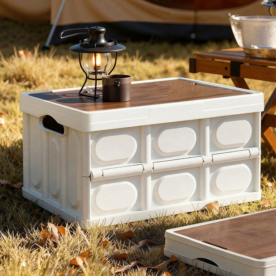 Gardeon Collapsible Outdoor Storage Box 50L Stackable Folding Camping Organizer Plywood Lid Beige