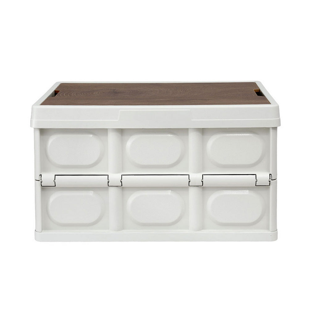 Gardeon Collapsible Outdoor Storage Box 50L Stackable Folding Camping Organizer Plywood Lid Beige