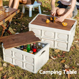 Gardeon Collapsible Outdoor Storage Box 50L Stackable Folding Camping Organizer Plywood Lid Beige - Rear View