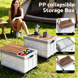 Gardeon Collapsible Outdoor Storage Box 54L Stackable Folding Camping Organizer Wheels Plywood Lid Beige - 45-Degree Angle
