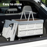 Gardeon Collapsible Outdoor Storage Box 54L Stackable Folding Camping Organizer Wheels Plywood Lid Beige - Low Angle