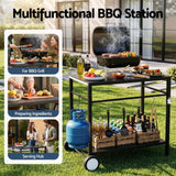 Weisshorn BBQ Camp Party Table, Garden Backyard Outdoor Cart Stainless Steel Prep Table Mobile Kitchen Trolley Heavy Duty with Wheels Tank Holder Hooks, Black - 45-Degree Angle