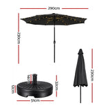 Instahut Outdoor Umbrella 2.9m Market Umbrella with Base String Light Black - Side View