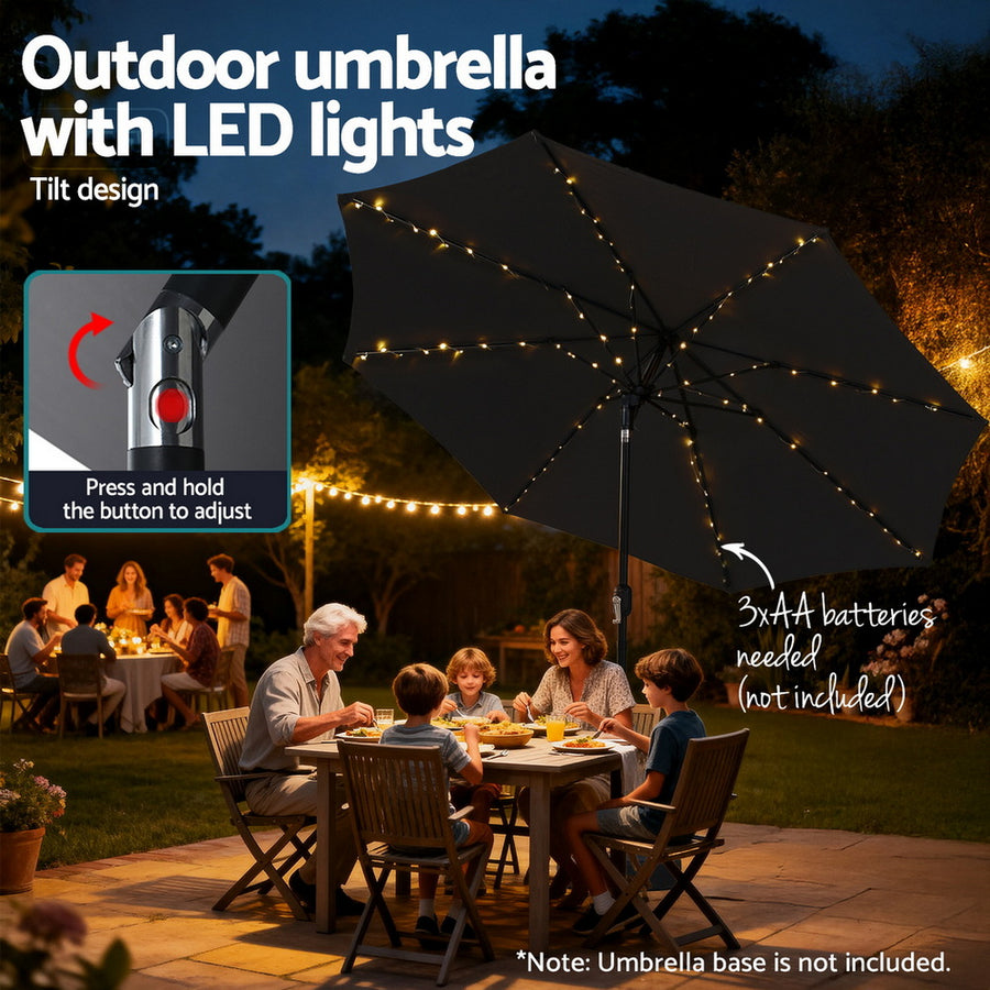 Instahut Outdoor Umbrella 2.9m Market Umbrella with String Light Tilt Black