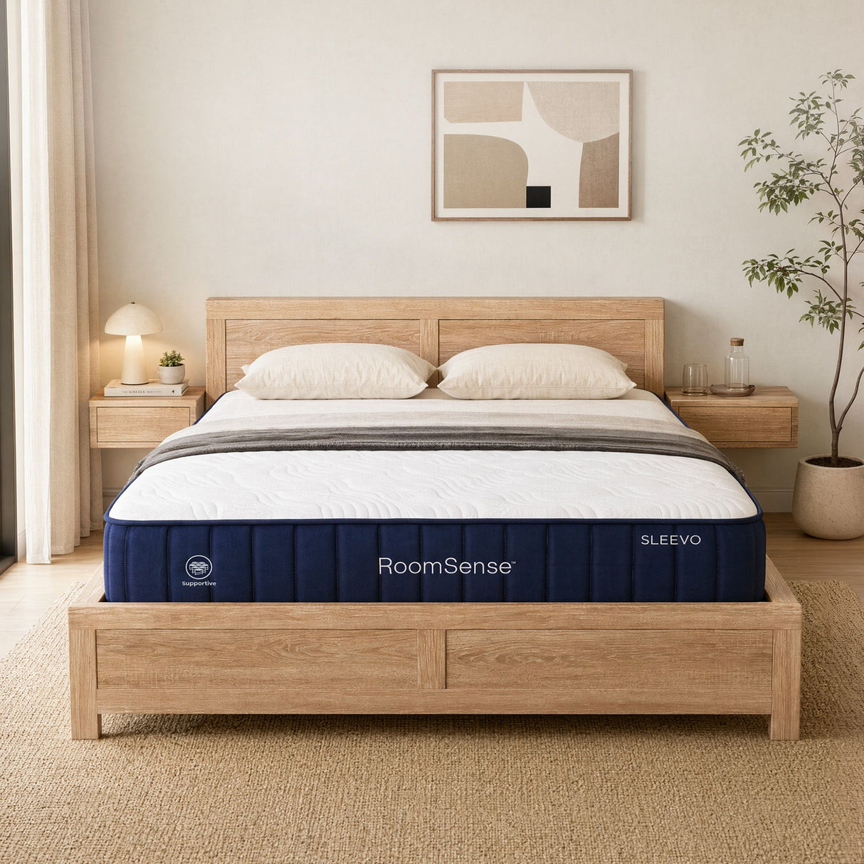 RoomSense Double 26cm Firm Mattress Bundle with Oatmeal Wooden Bed Frame