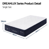RoomSense Single Mattress, 34cm Thick Medium Soft Hybrid Mattress for Back Pain Relief, Tencel Cooling Pocket Spring Mattress Single Size in a Box - Front View