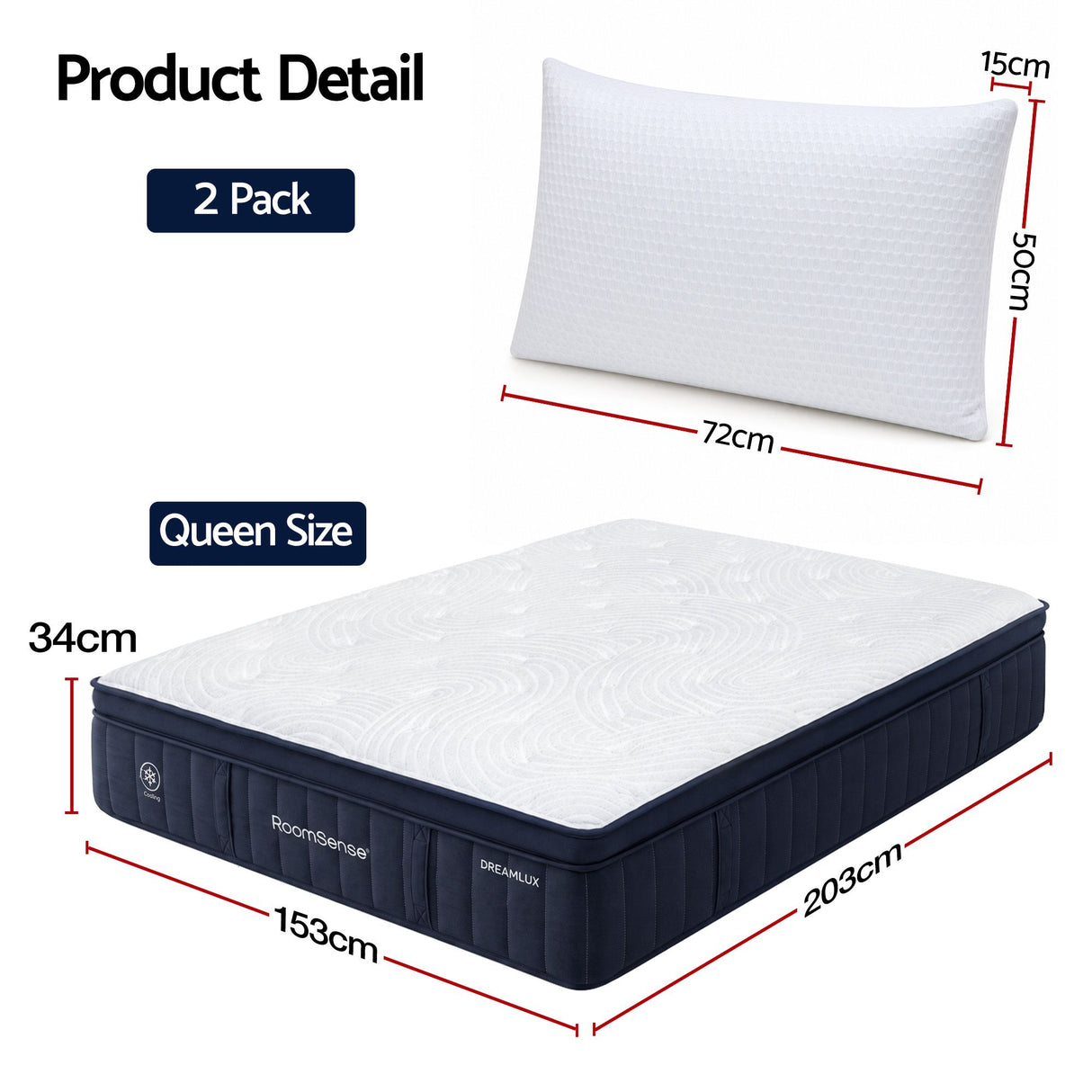 RoomSense Queen 34cm Medium Soft Gel Mattress Bundle with 2 Cooling Pillows