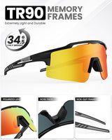 OutdoorMaster Hawk II Polarized Sports Sunglasses for Men Women, TAC 100% UV400 Protection TR90 Frame Cycling Sunglasses, Baseball Running Fishing Golf Glasses-Black Frame+revo Blue Cat.3,Adult - 45-Degree Angle