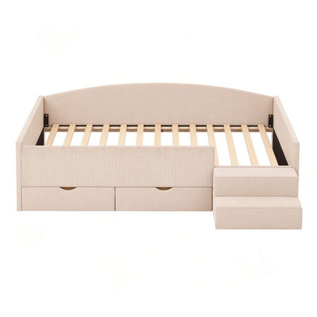 Artiss King Single Upholstered Daybed with Stairs & Storage Drawers, Beige, Storage