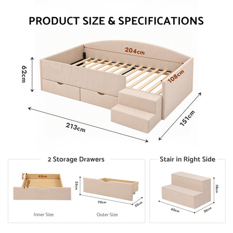 Artiss King Single Upholstered Daybed with Stairs & Storage Drawers, Beige, image 3