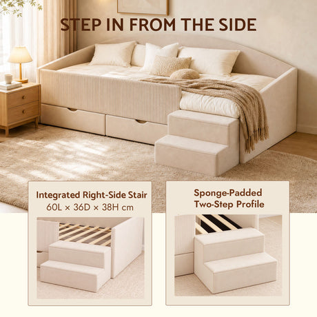 Artiss King Single Upholstered Daybed with Stairs & Storage Drawers, Beige, image 5