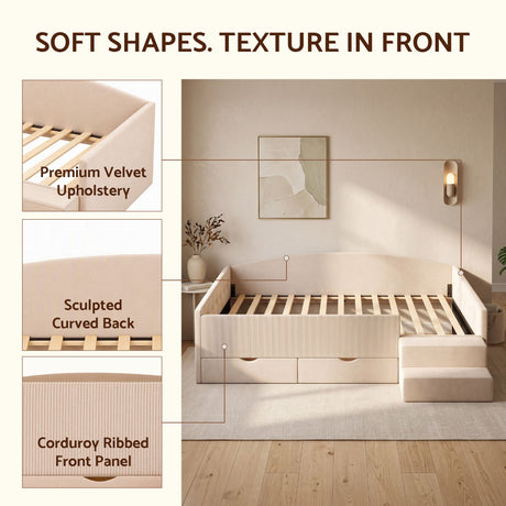 Artiss King Single Upholstered Daybed with Stairs & Storage Drawers, Beige, image 7