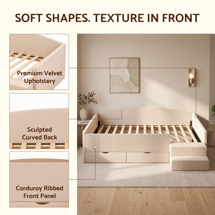 Artiss King Single Upholstered Daybed with Stairs & Storage Drawers, Beige