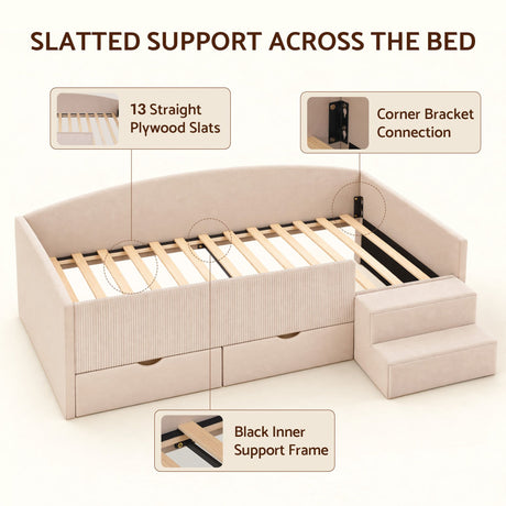 Artiss King Single Upholstered Daybed with Stairs & Storage Drawers, Beige, image 8