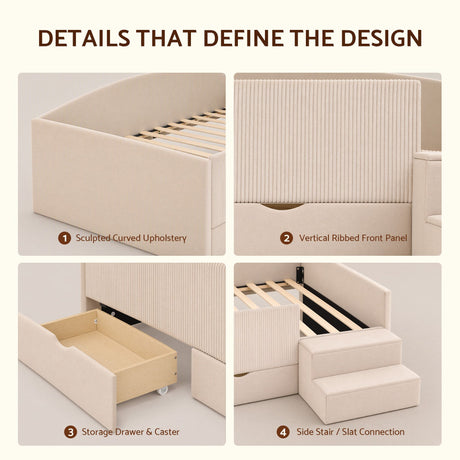 Artiss King Single Upholstered Daybed with Stairs & Storage Drawers, Beige, image 9