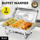 Alston 3LX3 Chafing Dish Set, Premium 410 Stainless Steel Buffet Warmer, Bain Marie Food Server with Fuel Holders & Lid, Stackable Catering Equipment for Hotels, Parties, Weddings & Banquets, Silver - Front View