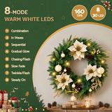 Jingle Jollys 60cm Pre-Lit Christmas Wreath LED Garlands Gold Flowers Pinecones Decor - 45-Degree Angle