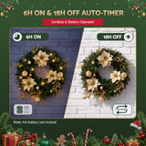 Jingle Jollys 60cm Pre-Lit Christmas Wreath LED Garlands Gold Flowers Pinecones Decor - Rear View