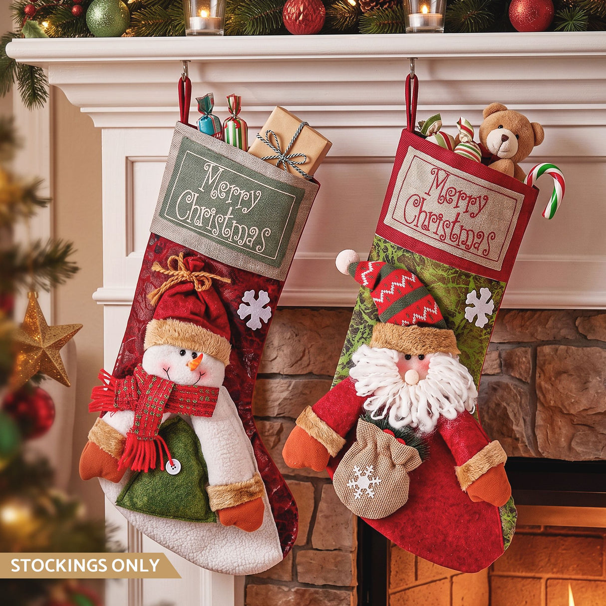 Jingle Jollys Christmas Stockings 2 Pack Large 3D Plush Santa Snowman 43.5cm Christmas Decor for Family Holiday Christmas Party Decorations