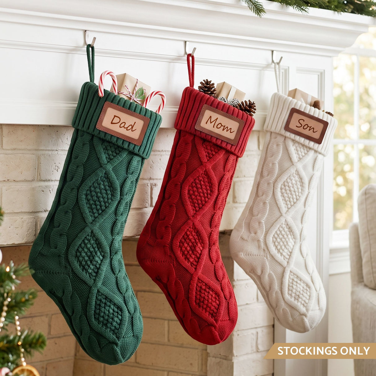 Jingle Jollys 3PCS Personalized Christmas Stockings with Leather Patches 16 Inch Knitted Solid Colour Xmas Decor For Fireplace Mantel, Christmas Tree, Home Decoration & Holiday Party Displays