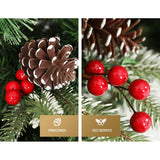 Jingle Jollys 2.1M Christmas Tree with Pine Cones Red Berries Prelit LED Warm Lights - 45-Degree Angle
