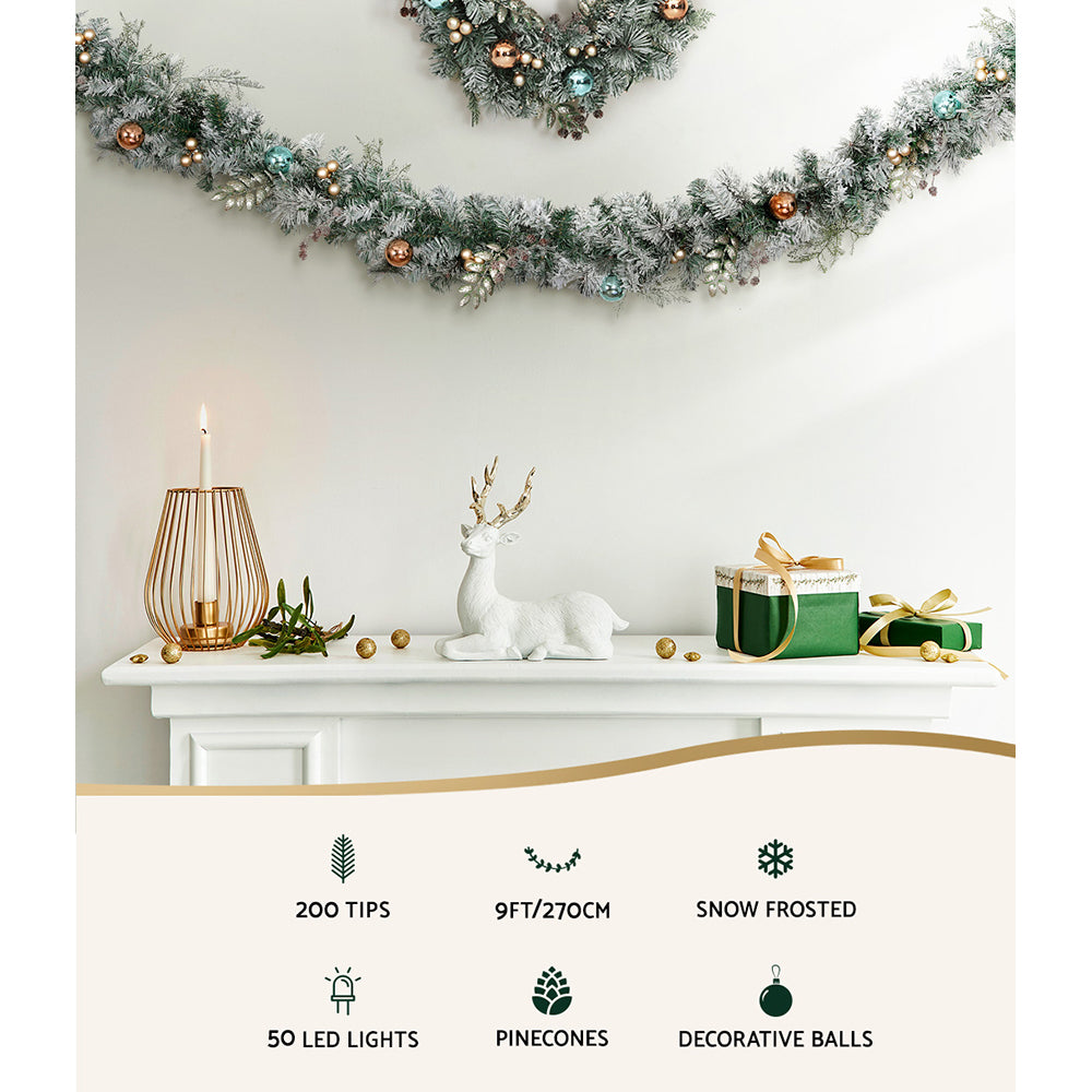 Snowy LED Christmas Garland - 2.7m Festive Ornamented Holiday Decor
