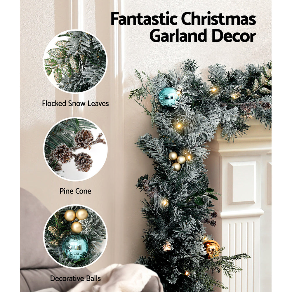 Snowy LED Christmas Garland - 2.7m Festive Ornamented Holiday Decor