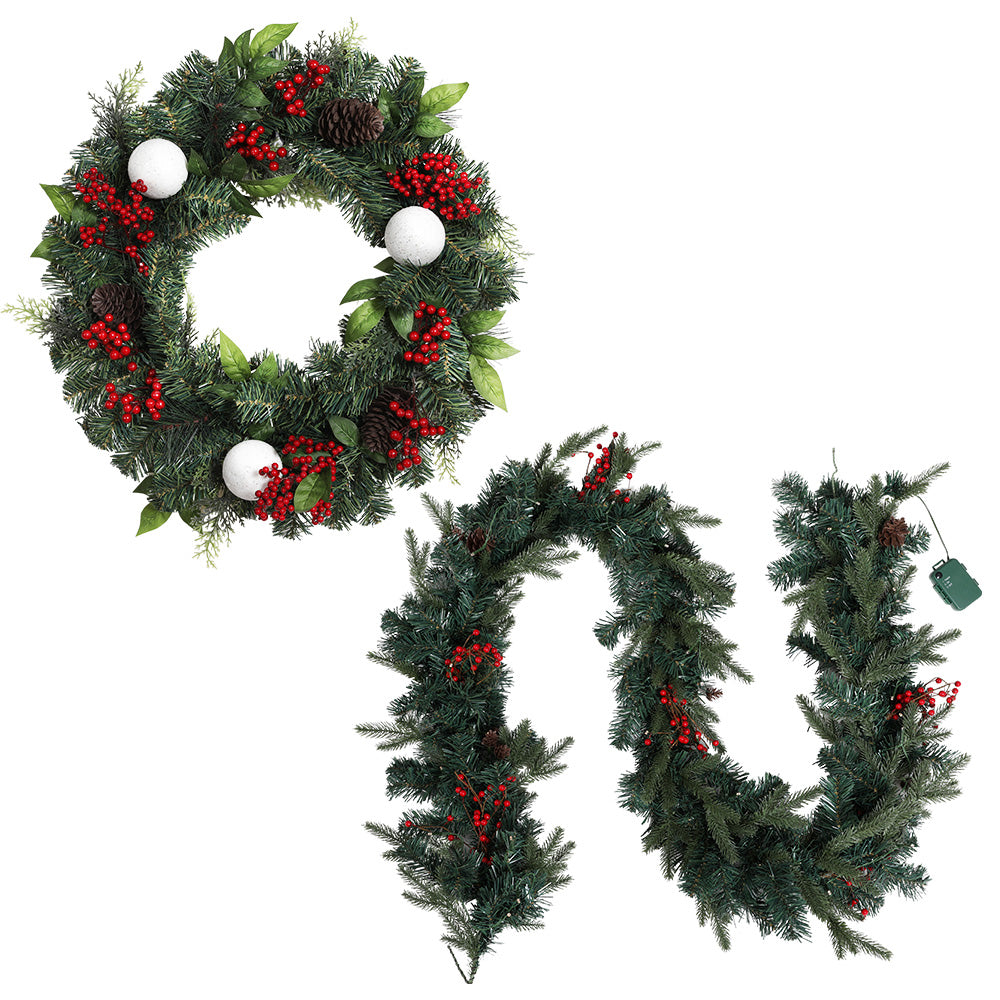 Festive Glow Christmas Garland and Wreath Set with LED Lights for Holiday Decor