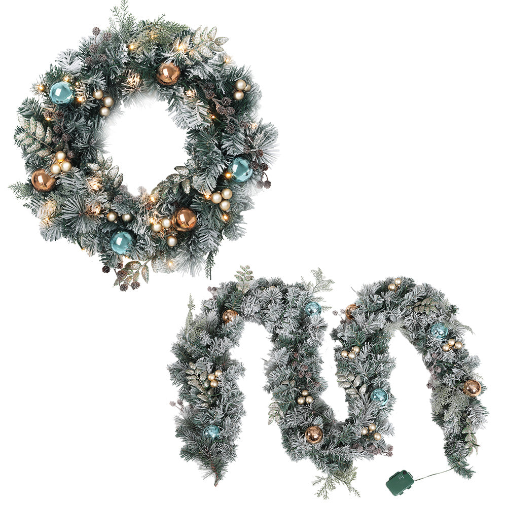 Enchanted 2.7m LED-Frosted Christmas Garland and Wreath Duo for a Magical Holiday Decor
