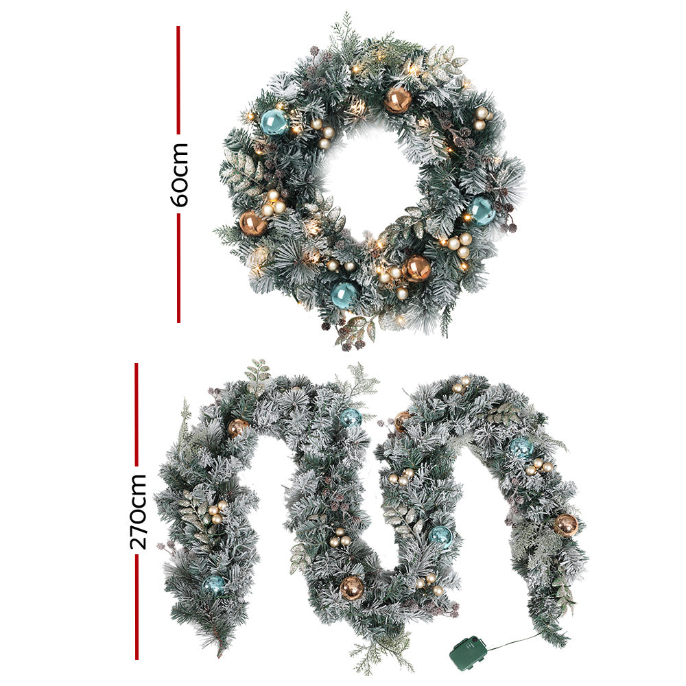 Enchanted 2.7m LED-Frosted Christmas Garland and Wreath Duo for a Magical Holiday Decor