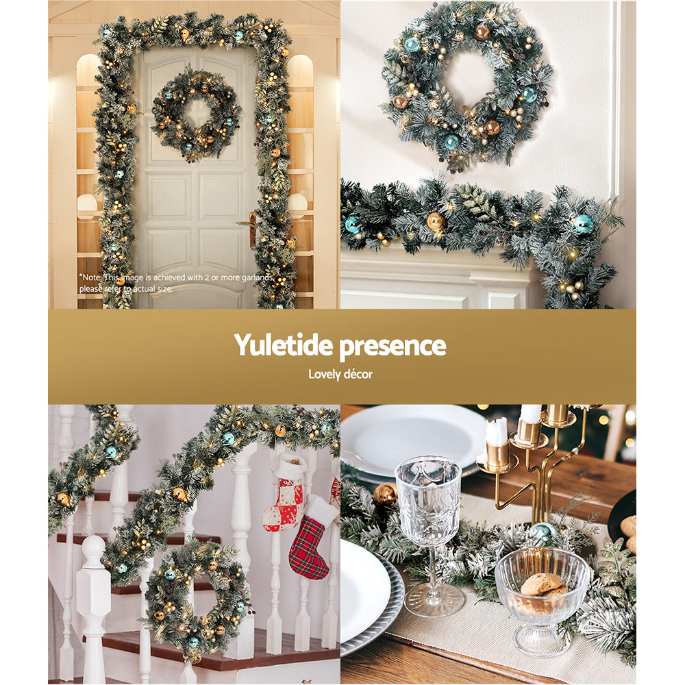 Enchanted 2.7m LED-Frosted Christmas Garland and Wreath Duo for a Magical Holiday Decor