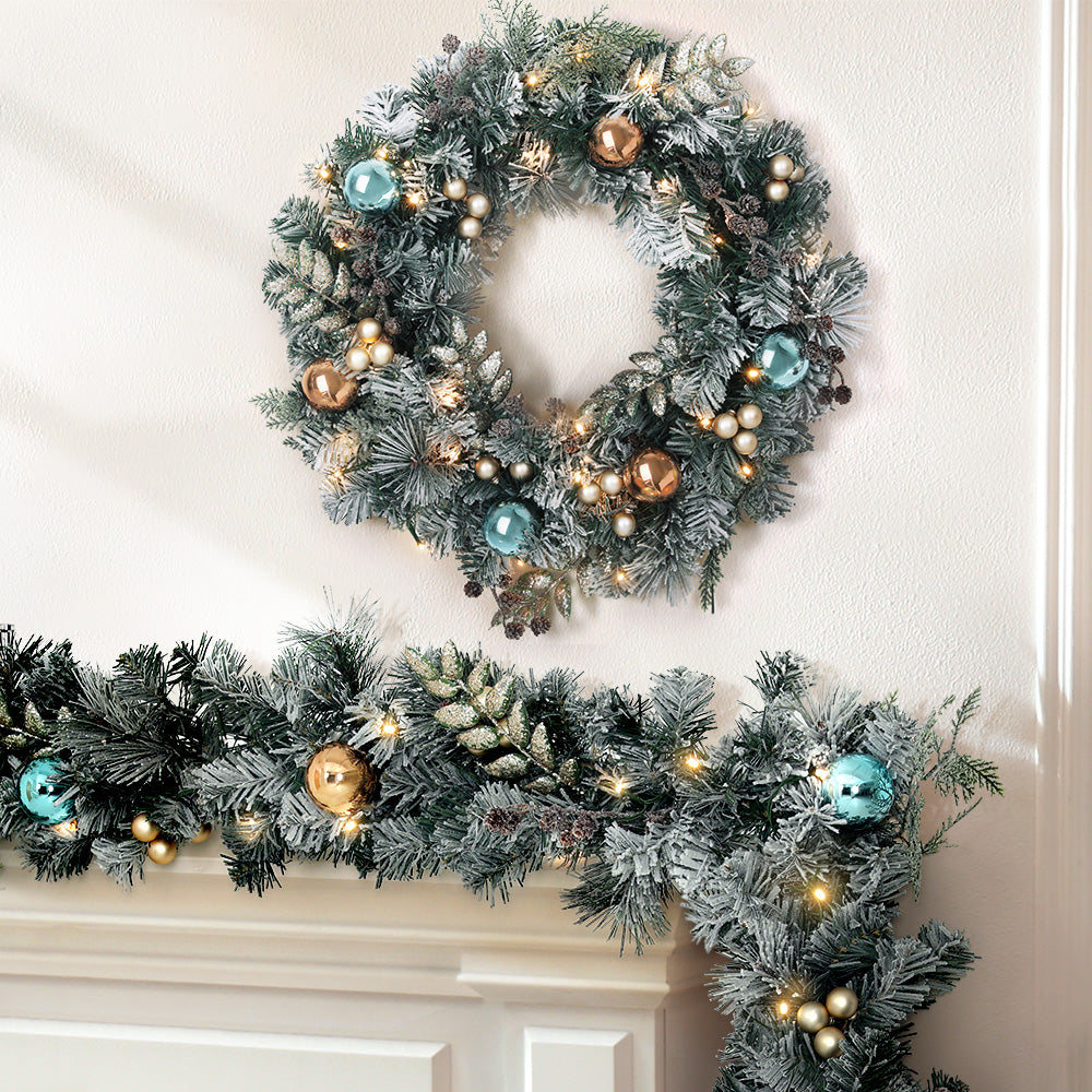 Enchanted 2.7m LED-Frosted Christmas Garland and Wreath Duo for a Magical Holiday Decor