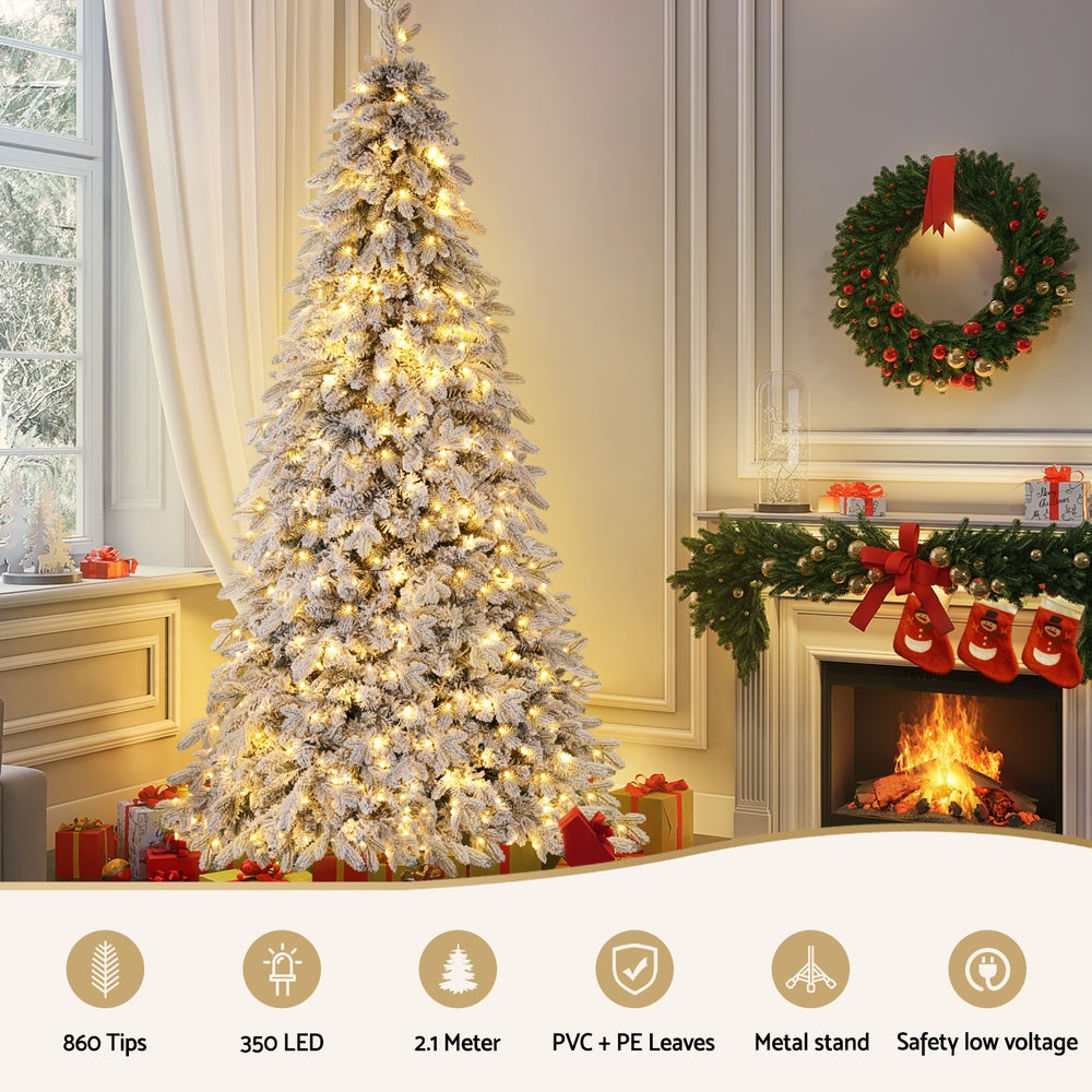 Jingle Jollys Christmas Tree 2.1m Flocking Pencil Tree LED Xmas 860 Tips White