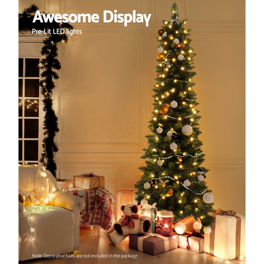 Jingle Jollys 1.8m green pre-lit Christmas tree with warm LED lights, metal tree stand