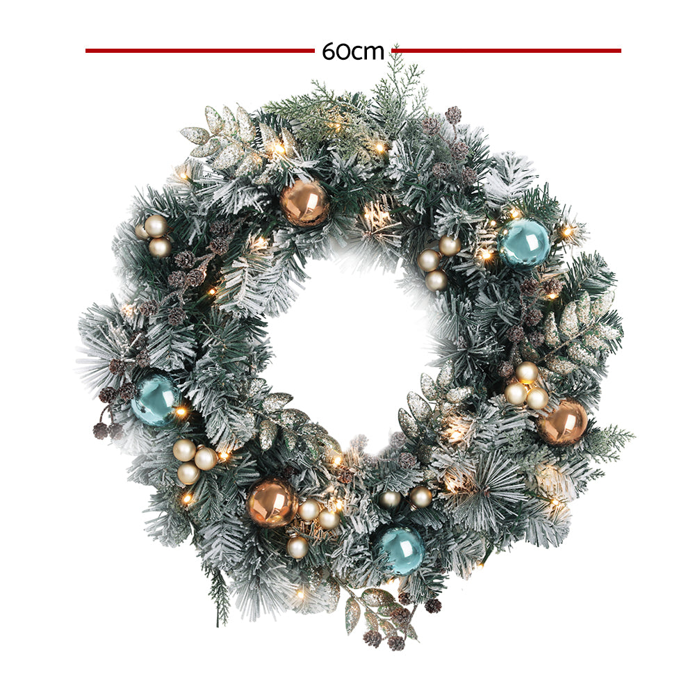 Delightful 60cm LED Christmas Wreath with Snowy Garland and Ornaments