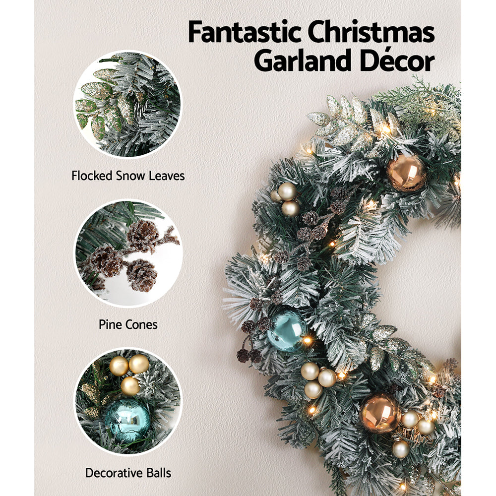 Delightful 60cm LED Christmas Wreath with Snowy Garland and Ornaments