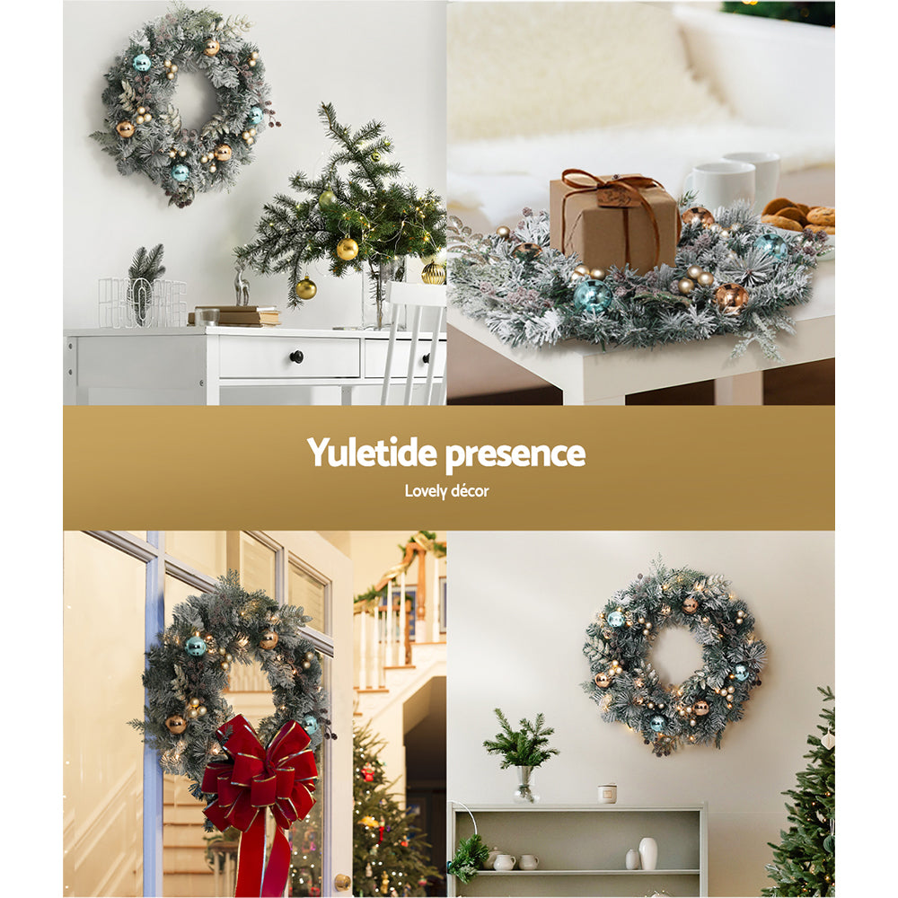 Delightful 60cm LED Christmas Wreath with Snowy Garland and Ornaments