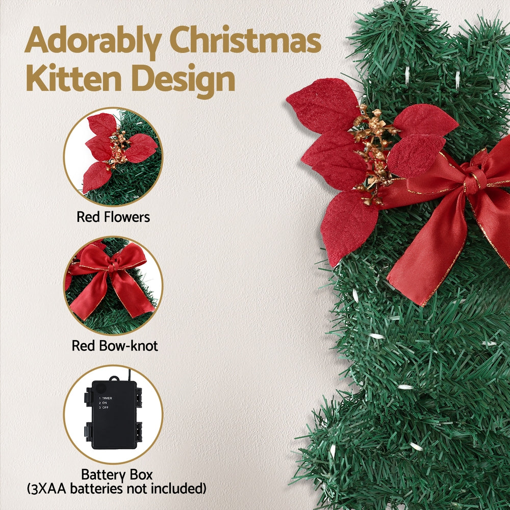 Jingle Jollys Cat Christmas Wreath Pre-lit 20 LED Xmas Decor Bow Flower 35x30cm