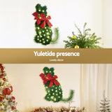 Jingle Jollys Cat Christmas Wreath Pre-lit 20 LED Xmas Decor Bow Flower 35x30cm - 45-Degree Angle