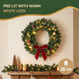 Jingle Jollys 60cm Pre-Lit Christmas Wreath GarlandsWarm White LED Light Door Wreaths Battery Timer - 45-Degree Angle