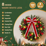 Jingle Jollys 60cm Pre-lit Christmas Wreath Garlands LED Light Front Door Decor Bow - 45-Degree Angle