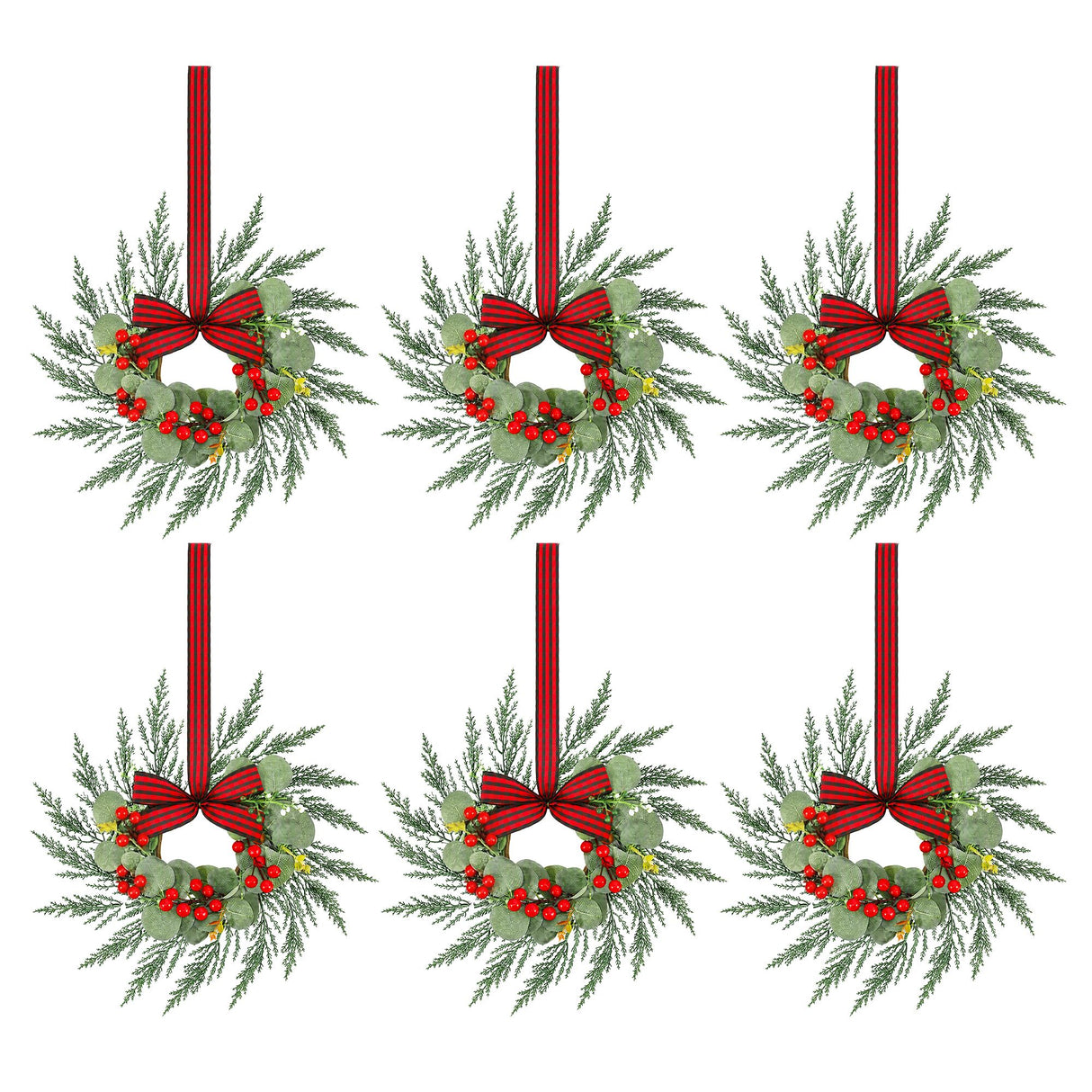 Jingle Jollys 6x Christmas Wreath Garland 26cm Pre-lit Wreaths Red Berries Bow